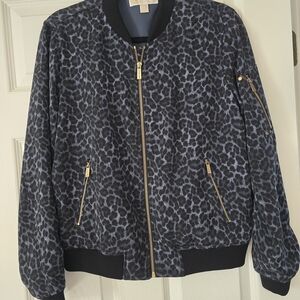 Michael Kors Black Leopard Print Jacket with Gold Zipper